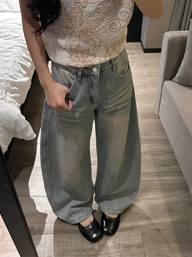 

High Waist Wide Leg Blue Washed Jeans Women's Loose Fit Casual Straight Leg Pants Embroidery Design plus Size Denim Trousers