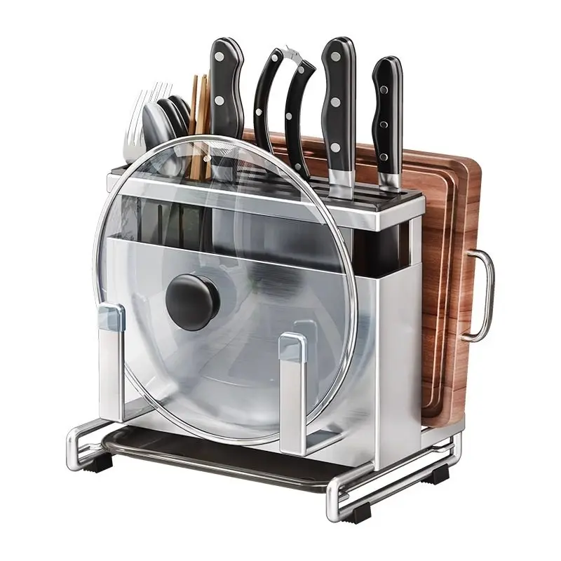 LFGB Certification 304 Stainless Steel Kitchen Knife Holder Flatware Organizer with Non-Slip Base and Bottom Water Plate