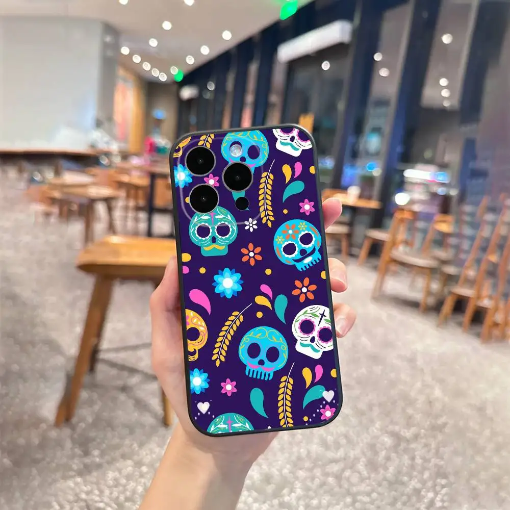 Funda de teléfono con patrón del Día de D-Dead para iPhone 17 16 15 14 13 12 Max Plus, funda negra de silicona