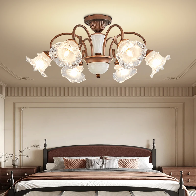 مادة اليشم الأمريكية الرجعية الفاخرة ضوء السقف غرفة المعيشة الأوروبية الراقية الزجاج زهرة غرفة نوم غرفة الطعام ضوء السقف