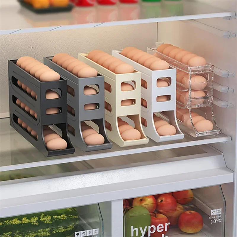 Refrigerator Egg Storage Box Large Capacity Four Layer Slide Organizer Automatic Egg Roller Kitchen Countertop Egg Tray Crisper