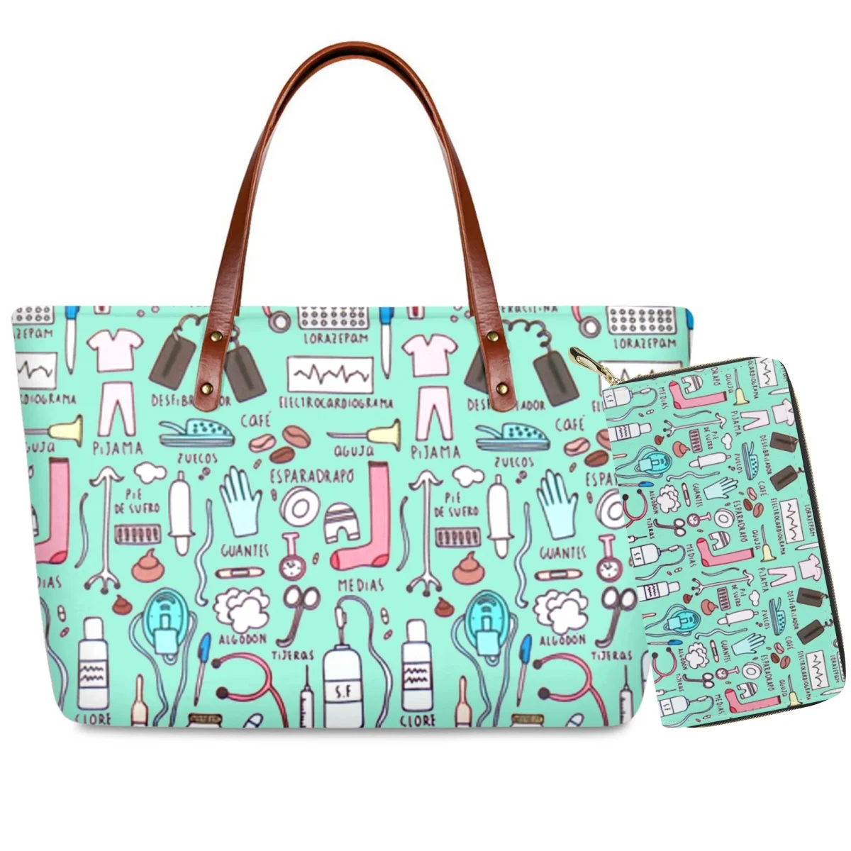 Kawaii Cartoon Nurse Medical Equipment Pattern Ladies Handbag Comfort Handle Dirt Resistant Large Capacity Tote Bag Custom Image