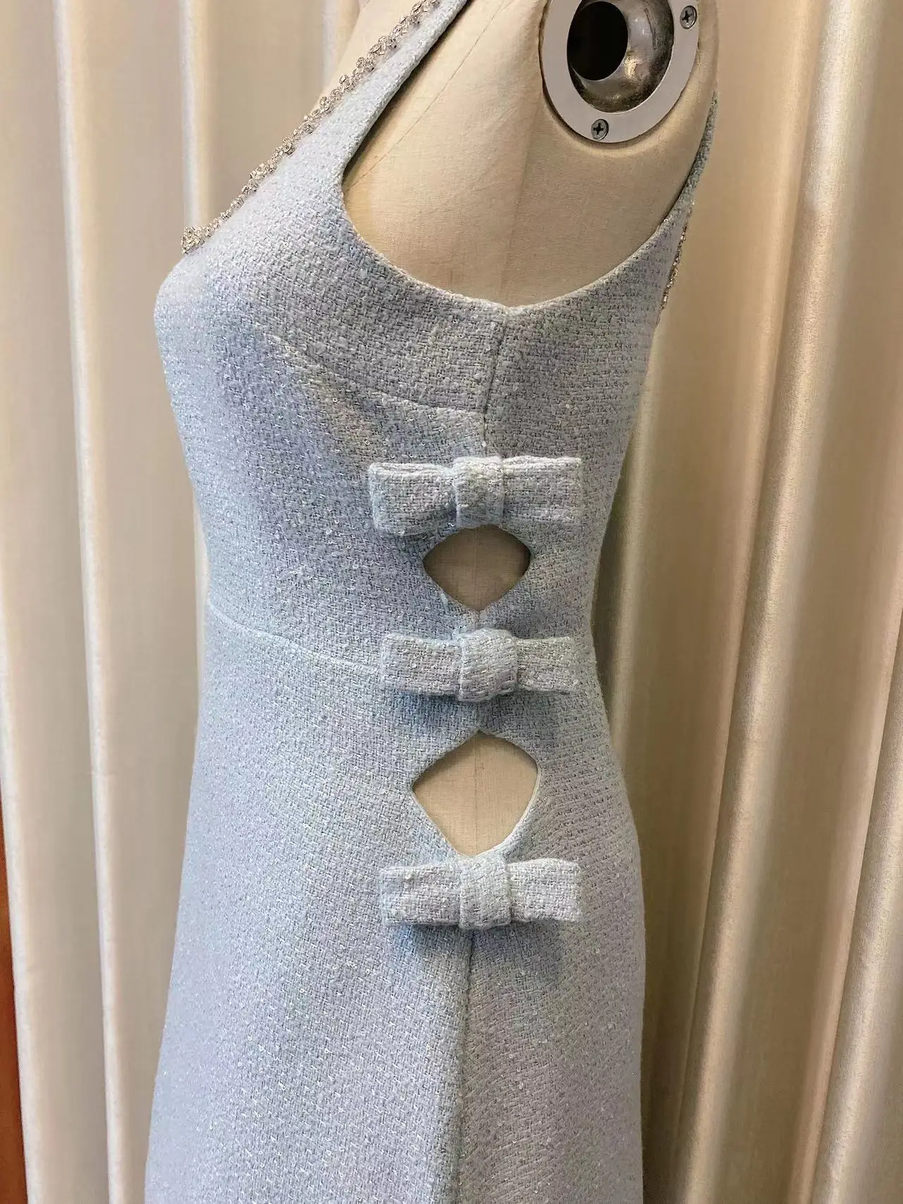 Robe Mi-Longue en Tweed Bleu pour Femme, Haut de Gamme, Mode Printemps Doux, Diamants, Col en U, Nministériels d Papillon, Taille Ajourée, Paillettes