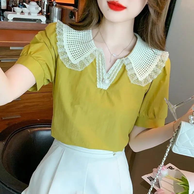 New Women Trendy Sweet Kawaii Lace Patchwork Blouses Korean Style Short Sleeve Loose Shirts Casual Solid Elegant Chic Tops Blusa