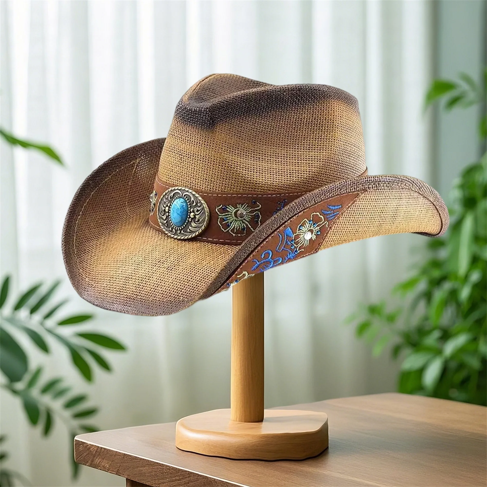 

Мужская и женская ковбойская шляпа в западном стиле с вышивкой и регулируемым ремнем для защиты от солнца на отдыхе, пляже, пешего туризма