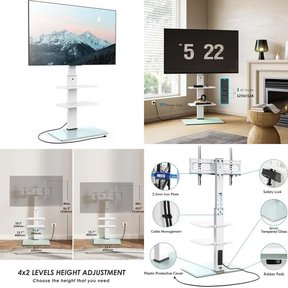 

FITUEYES Tall TV Floor Stand for 32-75 Inch TVs with Tempered Glass Base and Power Outlet for Bedroom and Living Room