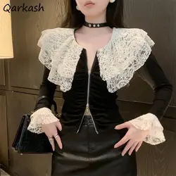 Chic Spliced Lace Crew Collar Long Sleeve T-Shirts Women Fashion Slim Young Sweet Sexy Popular All-match Tops Ladies Ins New BF