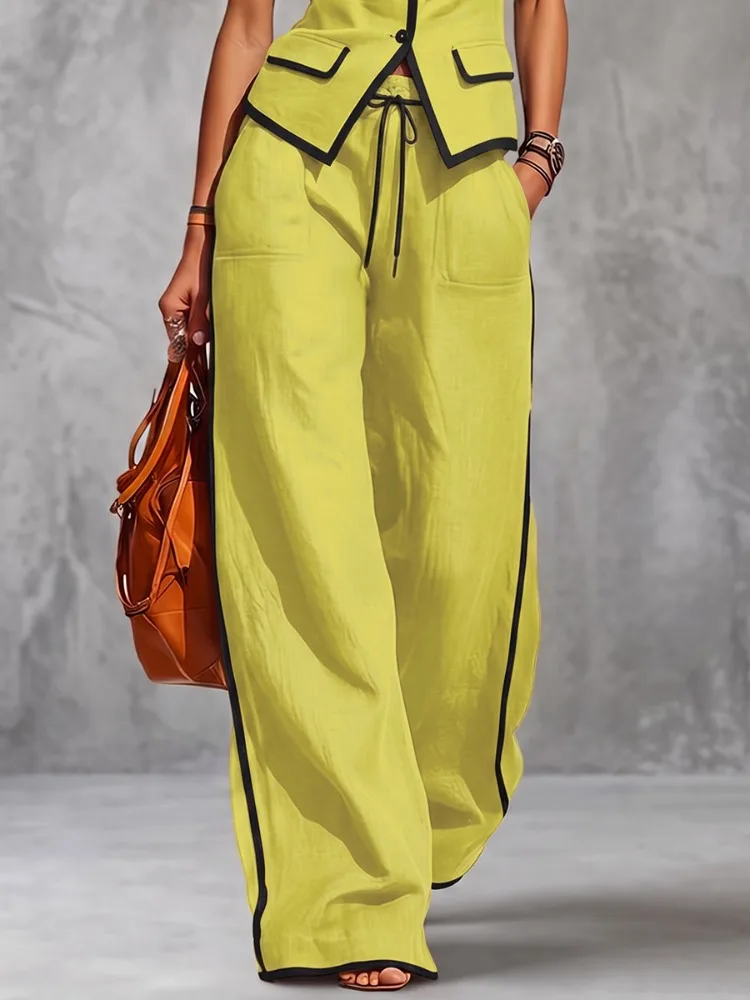 Yeezzi Women Contrast Color Wide Leg Matching Pants Drawstring Elastic High Waist Pockets Casual Office Loose Trousers Bottoms view 4