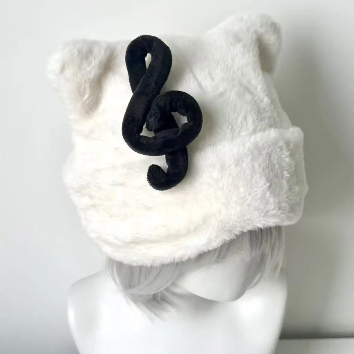 Lolita Beanie Hat With Musical Note Decorative Cute Warm Plush Cat Beanie With Ears Warm Winter Beanie Elastic Knitted Hat Women