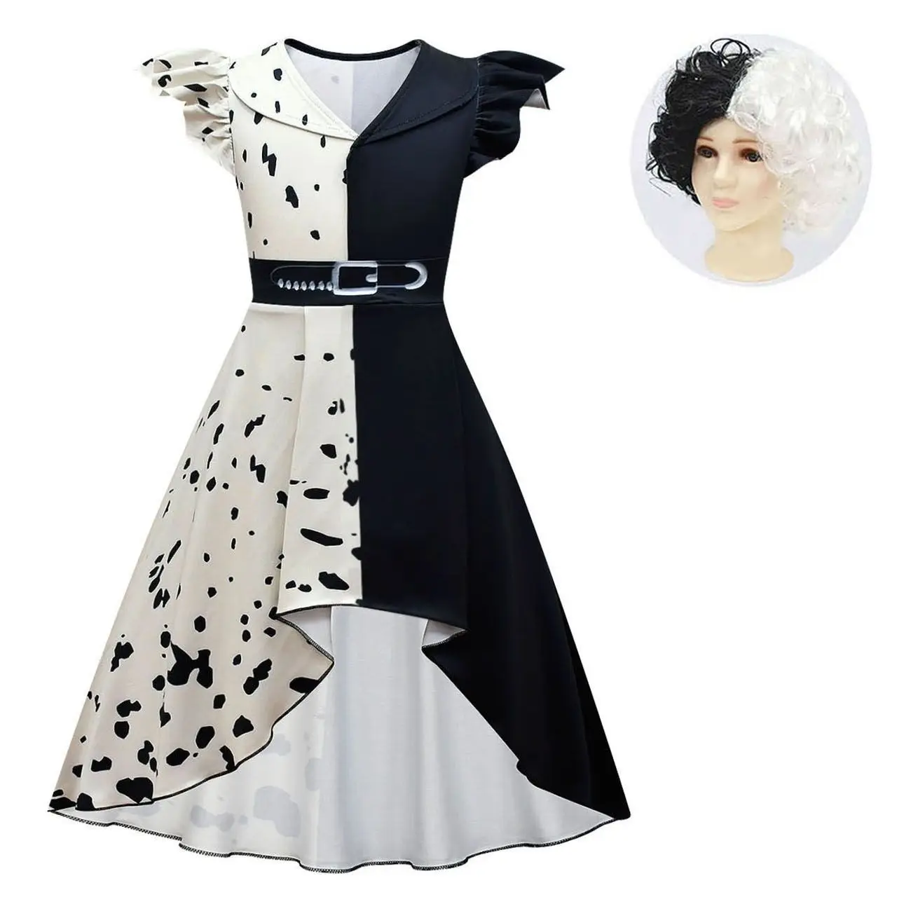 Girls Cruella Deville Costume Kids Movie 101 Black Dalmatian Dress with Bag Wig Suits Baby Girl Halloween Cosplay Party Dress Up