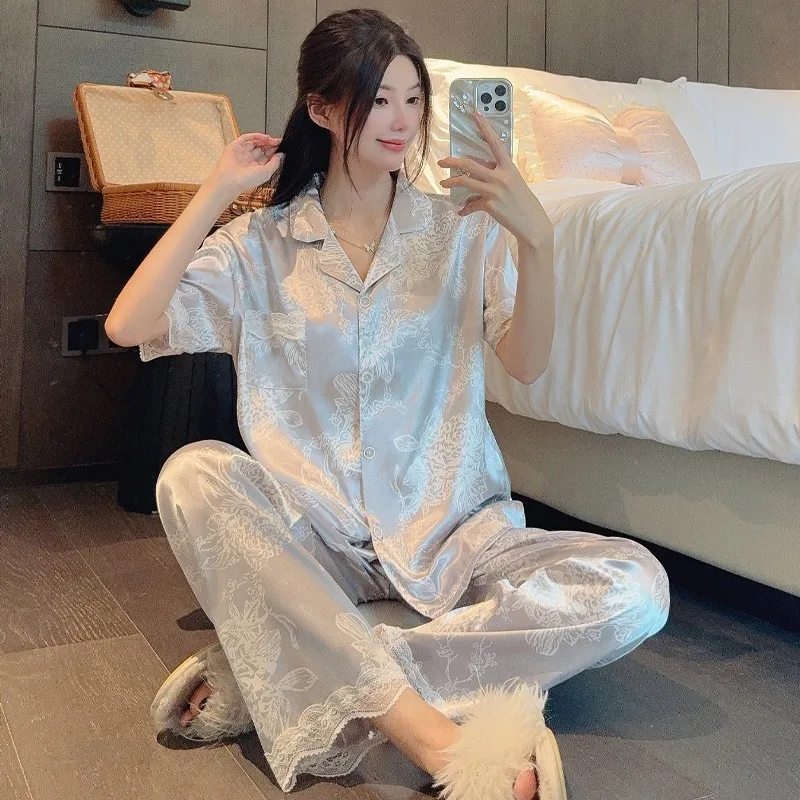Women's Pajamas Lounge Set Fashion Print Lace Design Sleepwear Button Down Short Sleeve Top Summer New Pajamas Set Home Clothing
