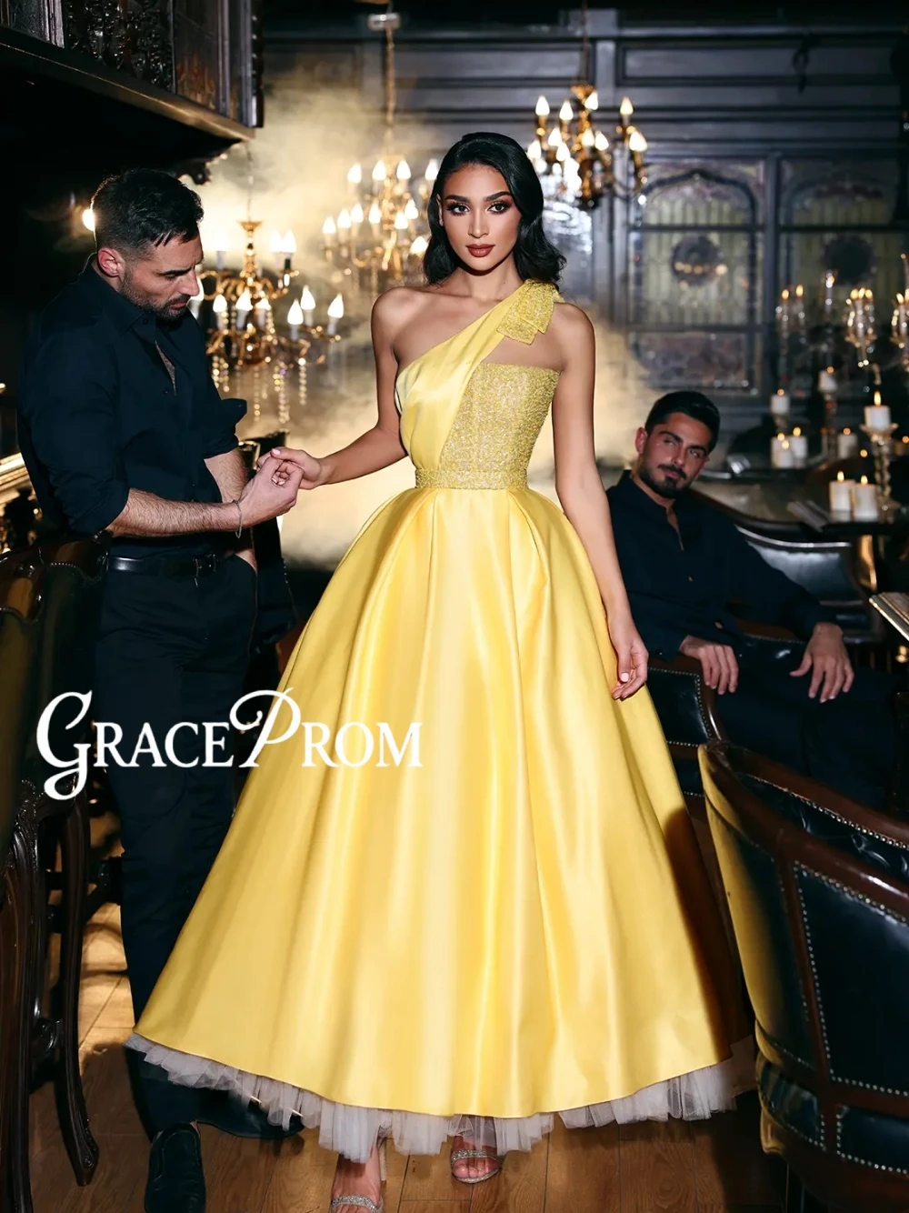 

Vintage Yellow Satin One Shoulder Sequined Ball Gown Elegant Evening Dress For Formal Banquet Wedding Guest Customized