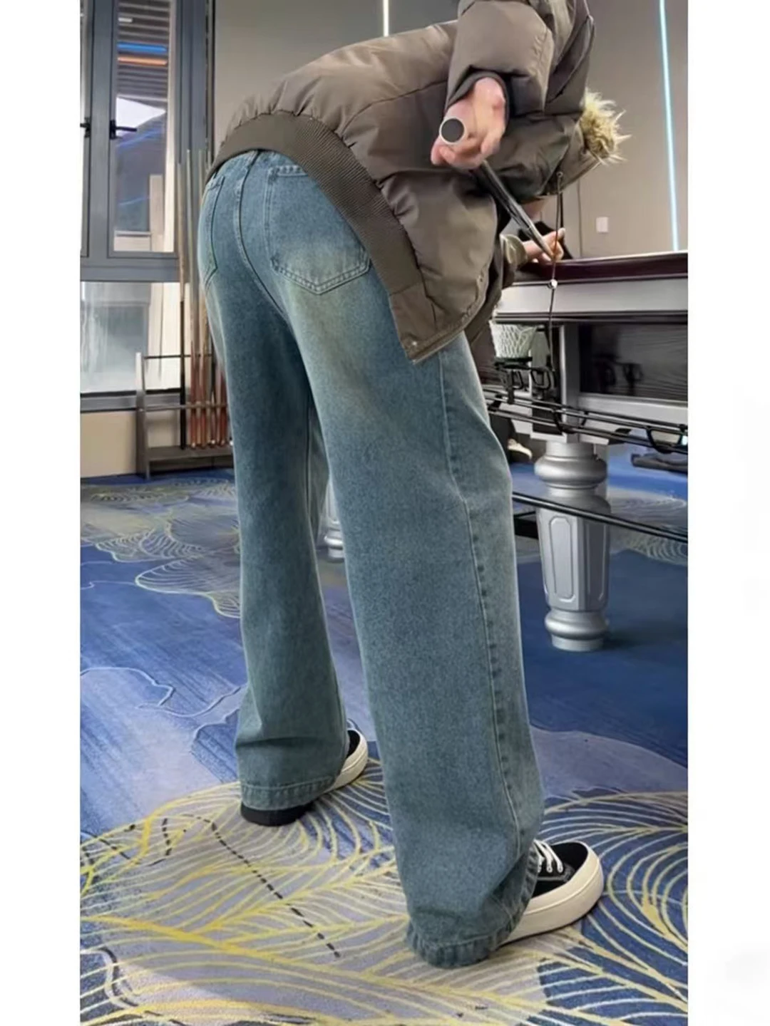 

American Retro Blue Flared Jeans Men's Autumn Winter Thiened Fce Cleanfit Wide Leg Pants Straight Cut mid Waist Zipper