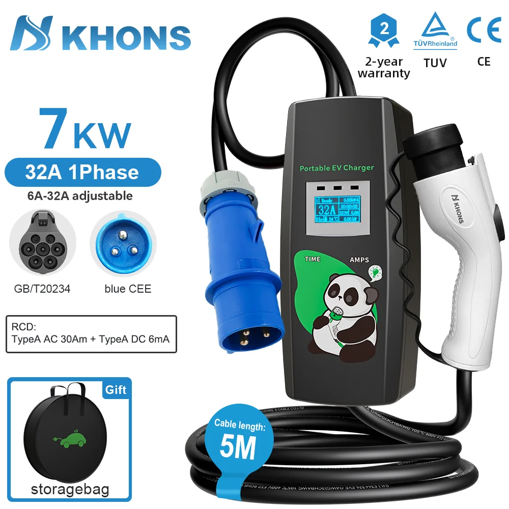 

Зарядное устройство для электромобиля Khons 7 кВт GBT 32A, однофазное портативное зарядное устройство для электромобиля, зарядное устройство EVSE Wallbox