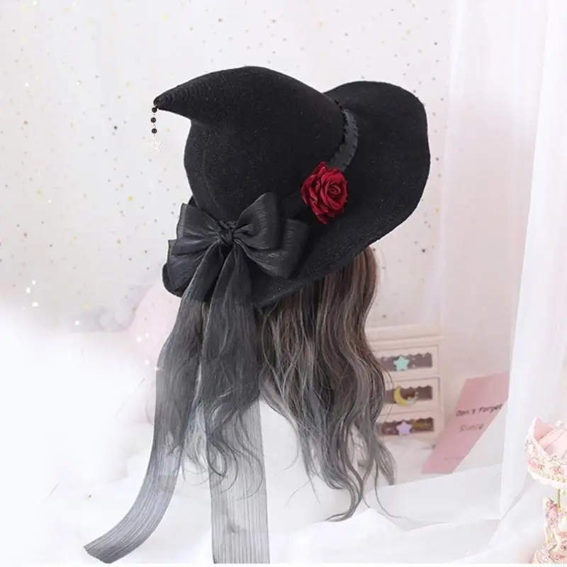 nowoczesna róża z dużą kokardą kapelusz czarownicy czapka z dużym rondem prezenty na Halloween na głowę Ornam
