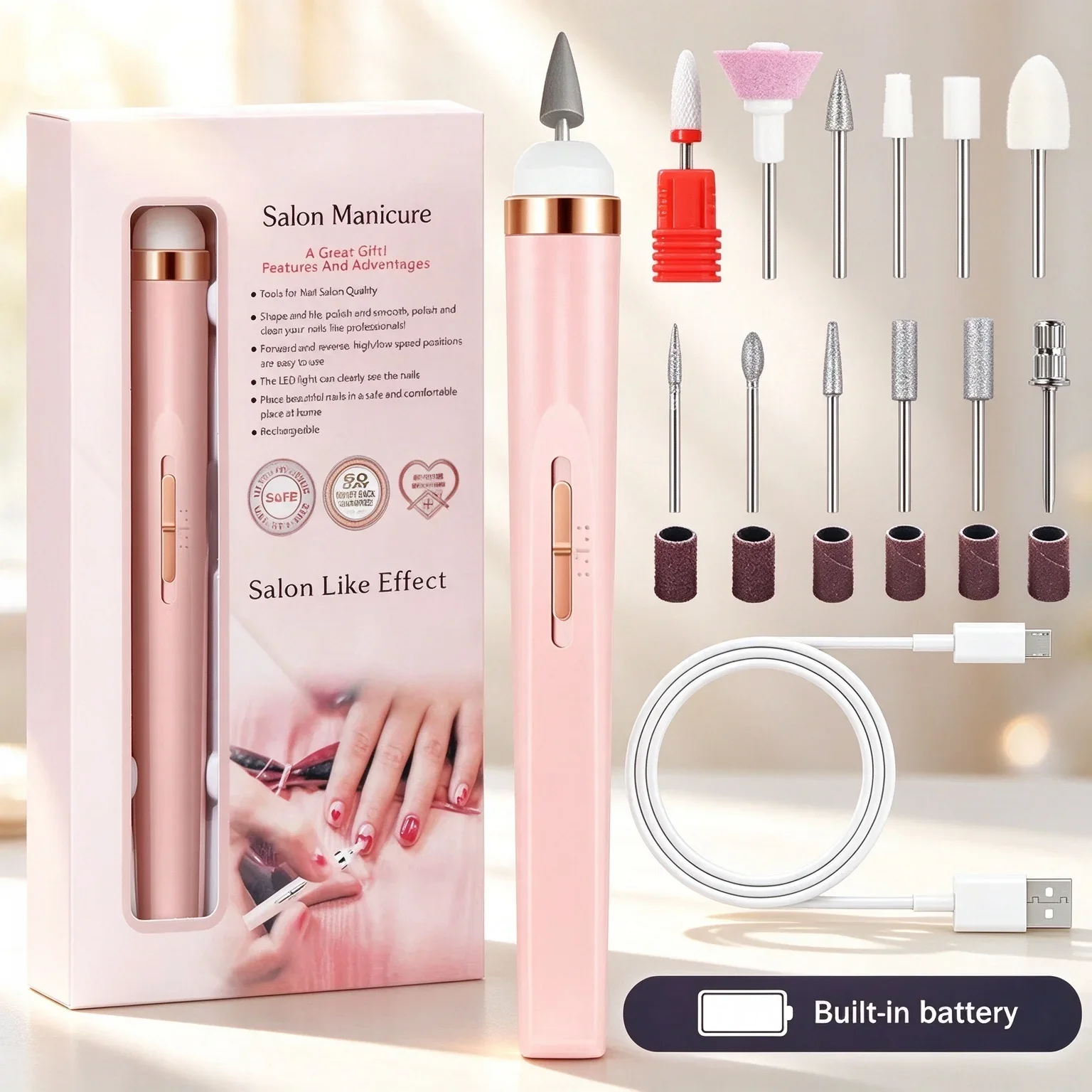 YIKOOLIN 5 in 1 Portable Rechargeable Nail Drill Pen LED Light Adjustable Speed Forward Reverse Manicure Pedicure Tool Kit