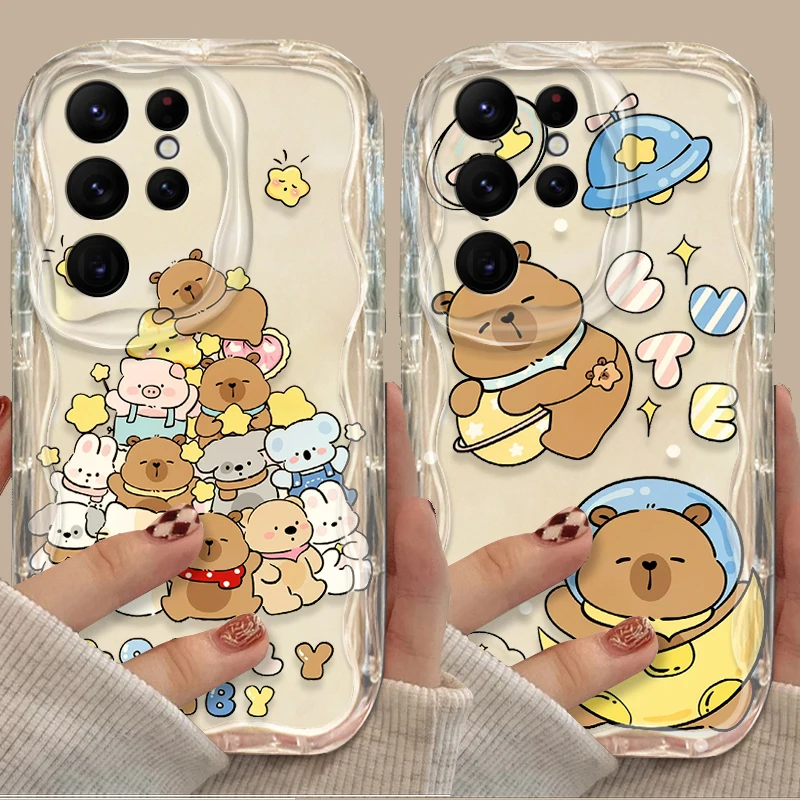 Cute Capybara Wave Soft Case For Samsung Galaxy S24 Ultra S23 S22 Plus S21 S20 FE A25 A55 A35 A15 A16 A05 A05S A06 Clear Cover