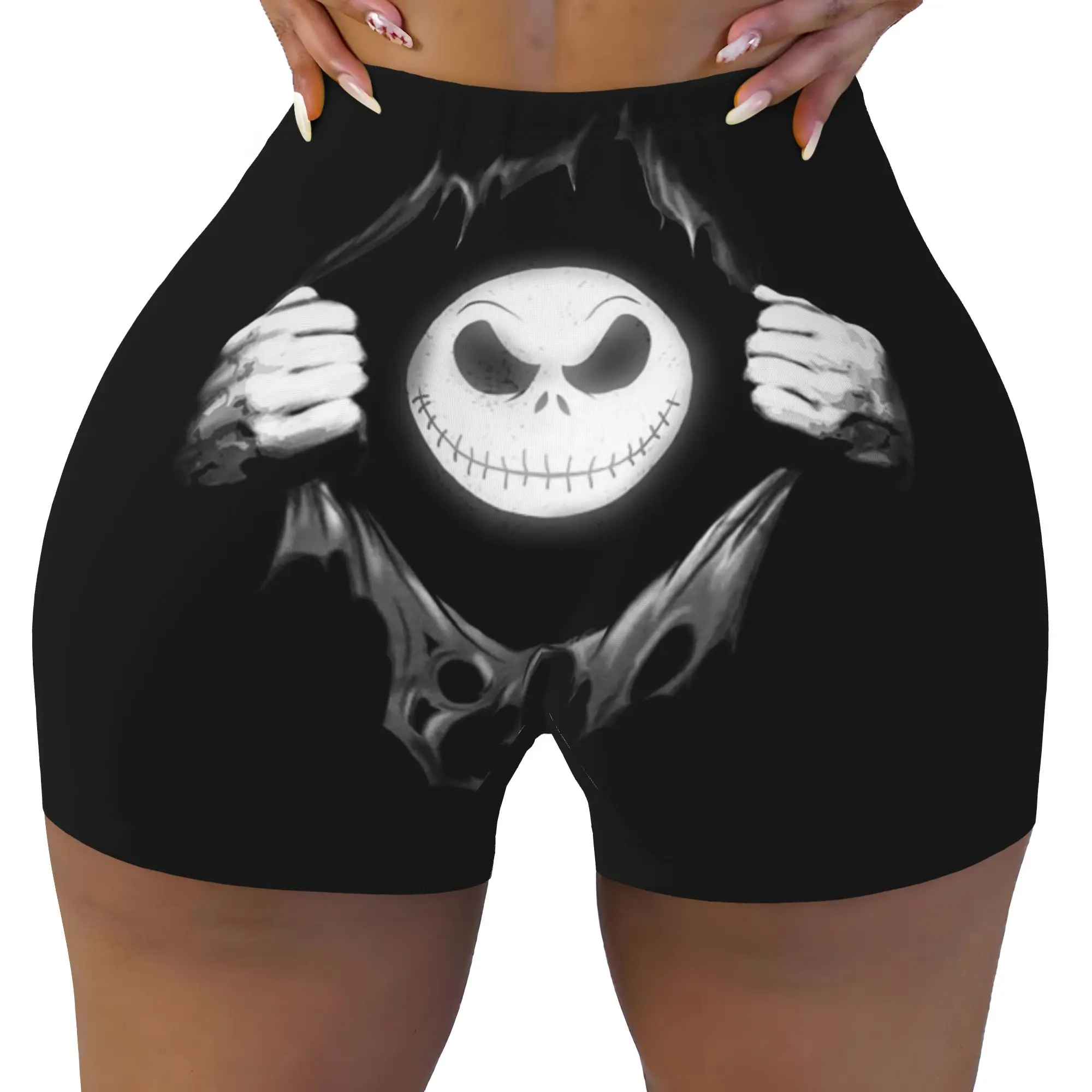 Custom Women Skellingtones Skull Workout Yoga Shorts Halloween Athletic Gym Biker Running Shorts