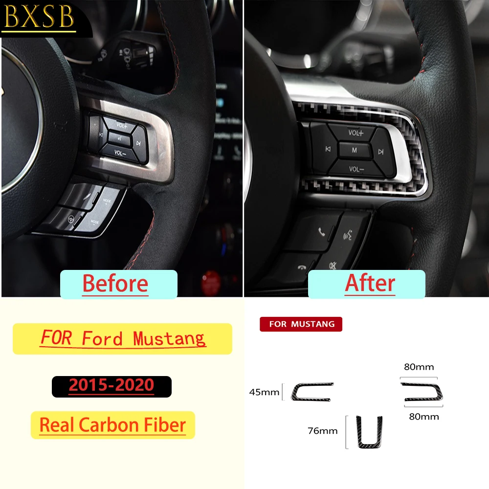 For Ford Mustang 2015-2020 Car Steering Wheel Button Frame Trim Real Soft Carbon Fiber Interior Accessories Decoration Sticker