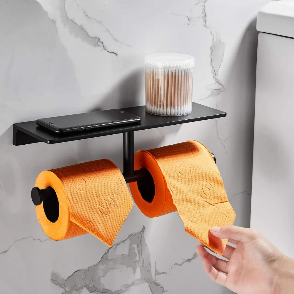 

Double Roll Toilet Paper Holder with Shelf Solid Brass and Superior Hotel Style Tissue Dispenser Spared Storage