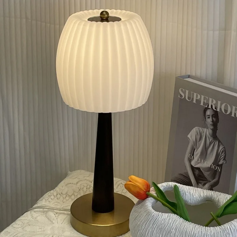 LED Table Lamp For Bedroom Bedside Decoration Morden Brief Design  White Matt Glass Lampshade Wood Body E27 Bulb Lamp