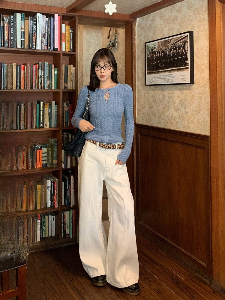 Pantalones vaqueros de pierna recta con forro polar grueso para mujer, pantalones casuales sueltos de pierna ancha, pantalones largos de cintura alta para invierno Song Zhengen