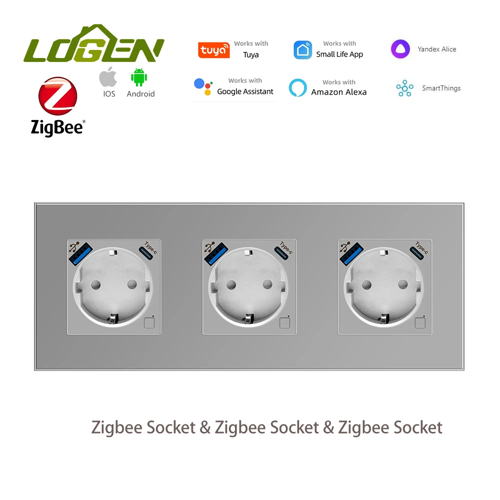 LOGEN EU Smart Socket Zgibee USB Type-c Socket Glass Crystal Panel Three sockets arranged side by side Need Neutral Wire