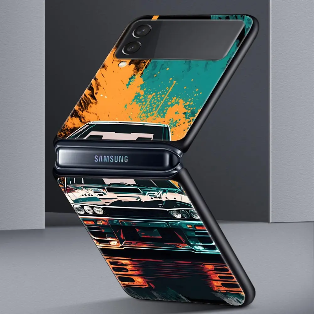 For Samsung Galaxy Z Flip 3 4 5 Hard Black Folding PC Phone Case Sports Car JDM Tokyo drift F1 Luxury For Samsung Z Flip3 Cover