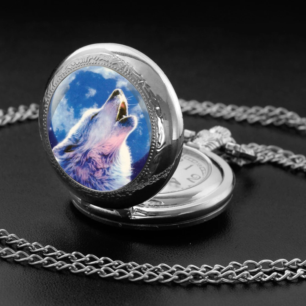 Vintage Route Moon Wolf Pattern Pocket Watch Women Men Fashion Quartz Necklace Pendant World Time Display Electronic Movement