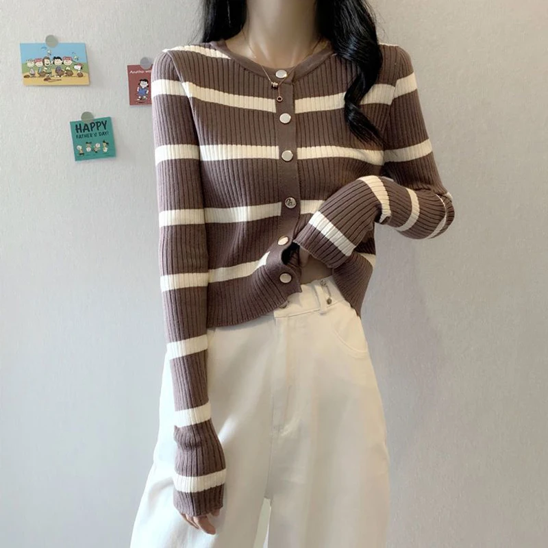 Striped Cardigan For Women 2023 Korean Sweater O Neck Long Sleeve Knit Cardigan High Street Top Coat Slim Tricot Y2K Outerwear