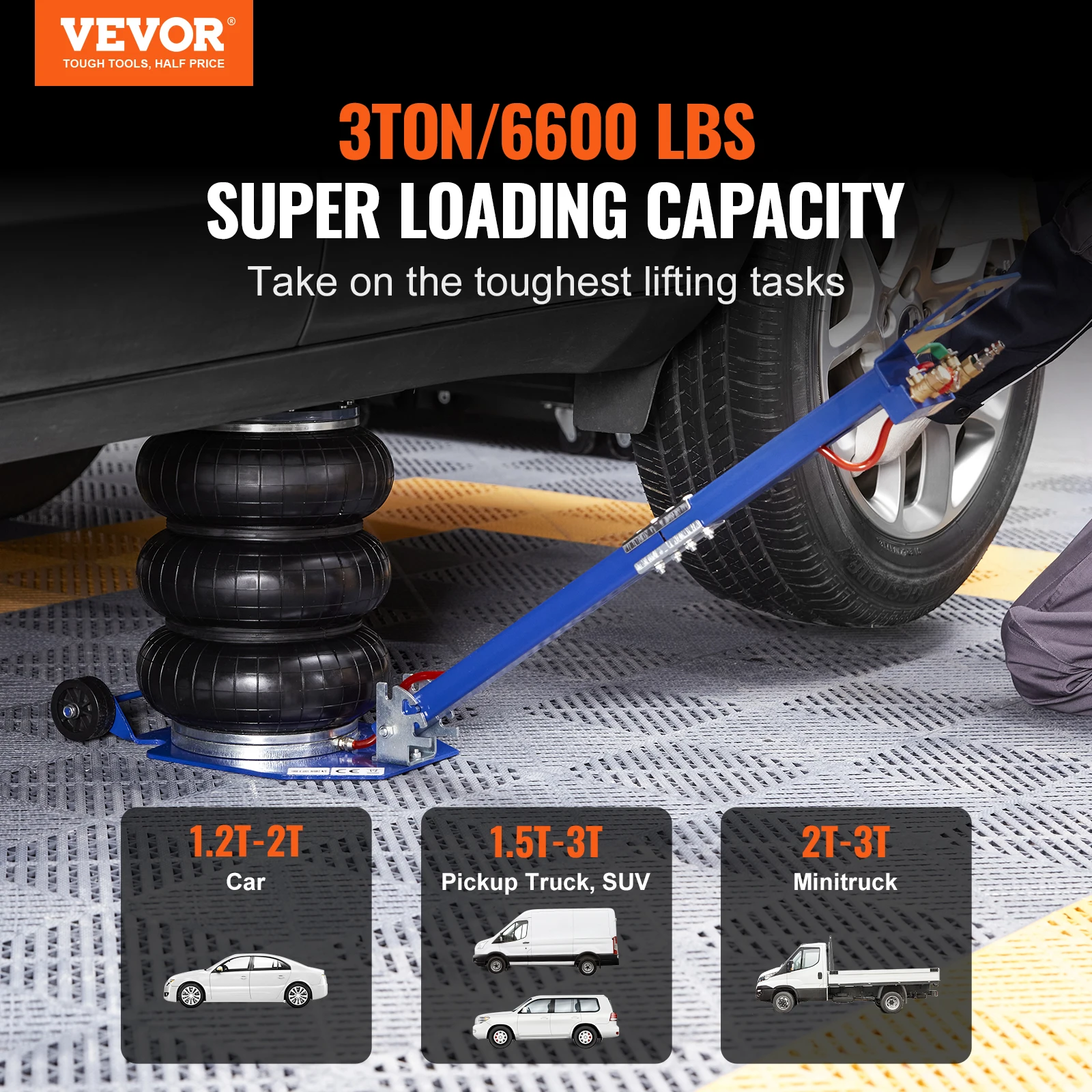 VEVOR Air Jack Triple Bag Air Jack Airbag Jack Lift up to 17.7"& 3-5 s Fast Lifting Pneumatic Jack w/Adjustable Long Handles