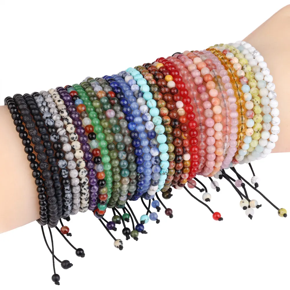 

Colorful Natural Stone Beads Bracelet 4MM Lapis Lazuli Amethyst Beads Adjustable Rope Bracelet For Women Men Simple Jewelry