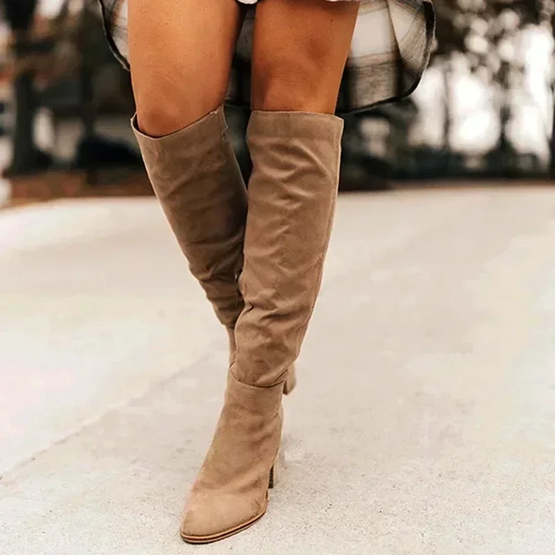 2024 Damskie buty do kolan Sexy High Heels Solid Color Women Shoes Zip Winter Warm Flock Fashion Pointed Toe Rome Women Boots