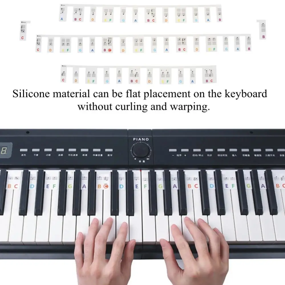 88 Keys Piano Note Silicone Strips Free Paste No Glue Overlay Type Colorful Marker Silicone Strips for Beginners with Case