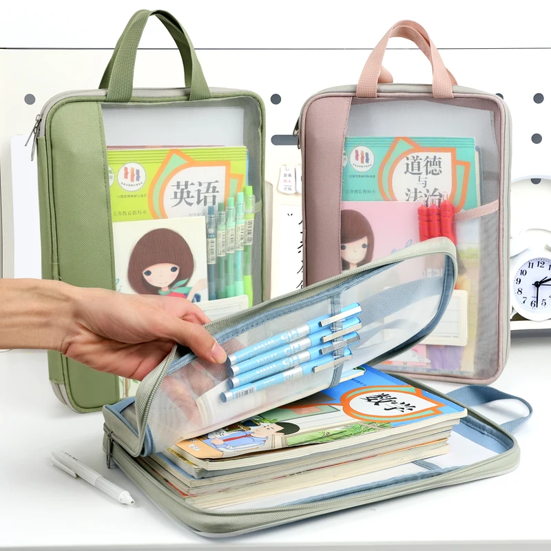 Huajie A4 Document Bag, Transparent Large Opening File Bag, Zipper-Type Large Capacity Document Storage Bag, Tote Bag, Student Book Bag, Tutoring Bag, Test Paper Bag, Mesh Subject Classification Bag, Homework Bag, Study Bag