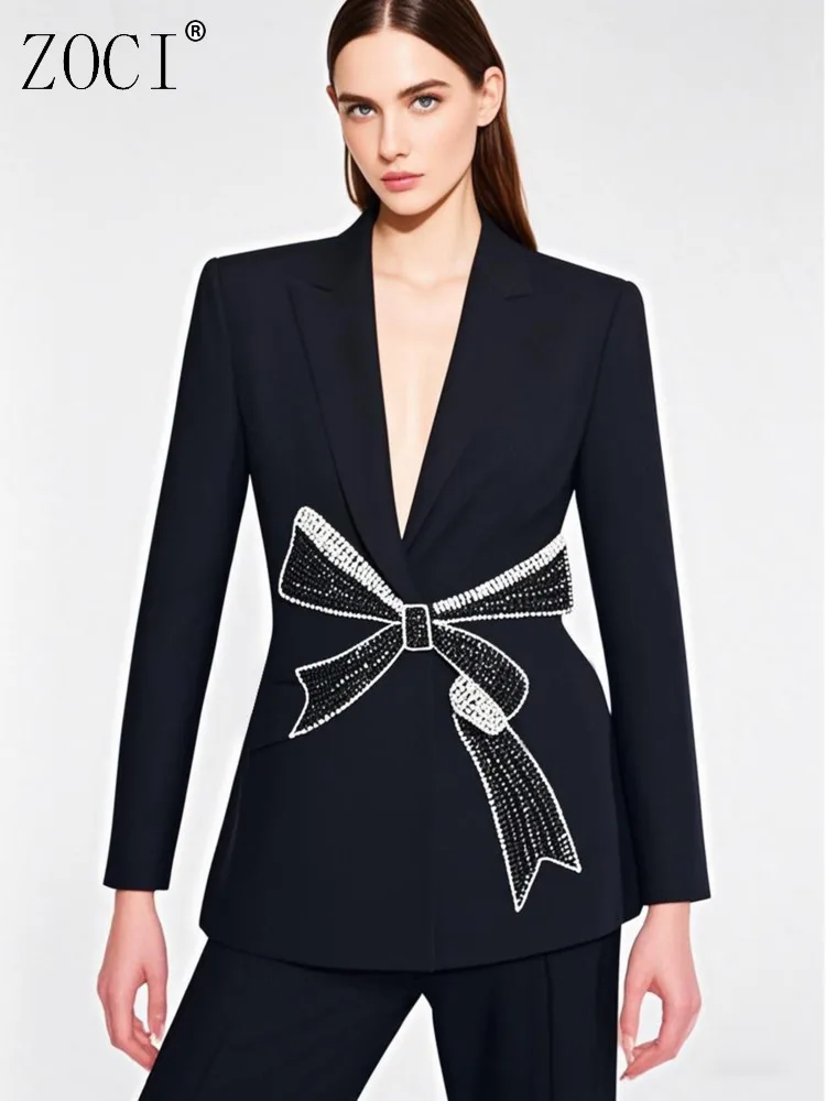 

ZOCI Bow Knot Women's Blazers French Style Elegant Suit Jackets For Female Simple Long Sleeve Coats Notched Collar 2025 Spring
