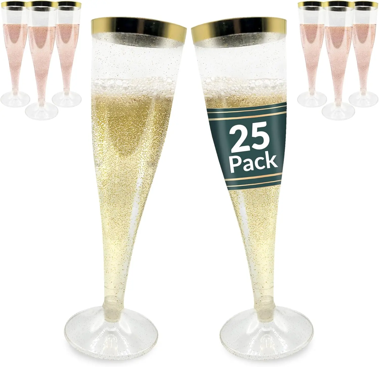 

Gold-Rimmed Plastic Champagne Flutes, 25-Pack, 4.5 oz, Glitter Design – Premium Party Glasses