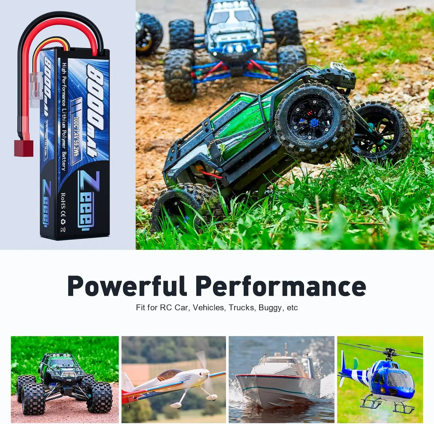 Zeee 2S Lipo Battery 7.4V 100C 8000mAh Hardcase RC Battery Deans Plug for RC Car Tank Truck Boat Helicopter FPV Drones RC Parts