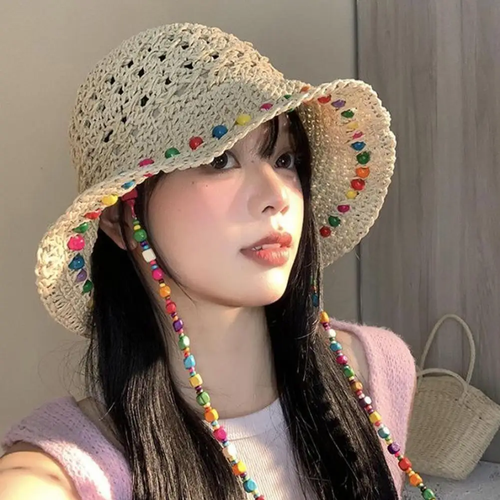 حواف مرنة قبعة الشمس قبعة الشاطئ تنفس أنيق المرأة واسعة حافة القش قبعة مع الخرز الملون ديكور للصيف للراحة