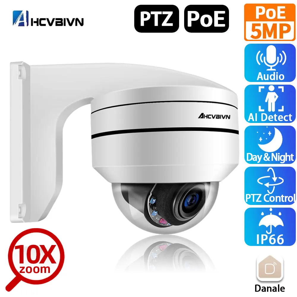 5MP Outdoor PTZ Dome IP Camera POE 5.0MP 10X Optical Zoom Human Detection Day Night Vision IR 80m Audio CCTV Security Camera P2P