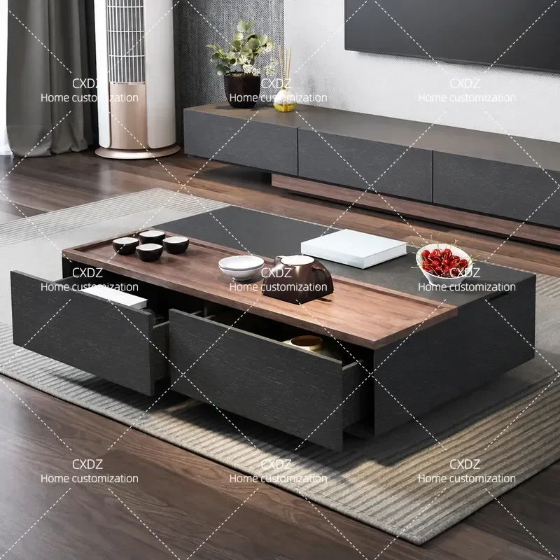 Modern Black Walnut Coffee Table with TV Cabinet Combo Rectangular Storage Unit for Small Apartment Living Room Nordic Style