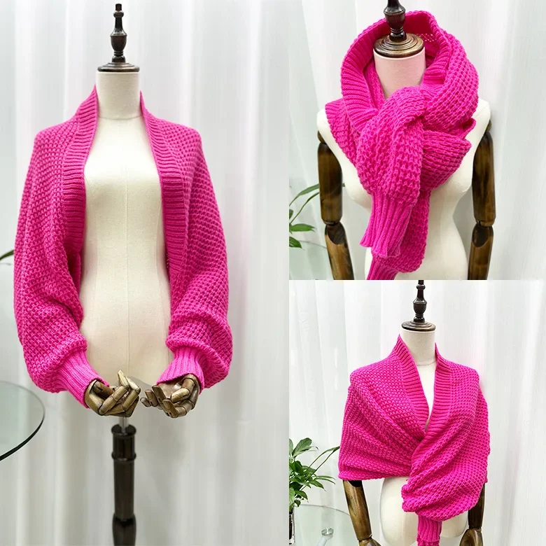 Spring Autumn New Women's Knitted Shawl Cloak Multifunctional Warm Scarf Versatile Scarf Ponchos Capes Cardigan Rosered