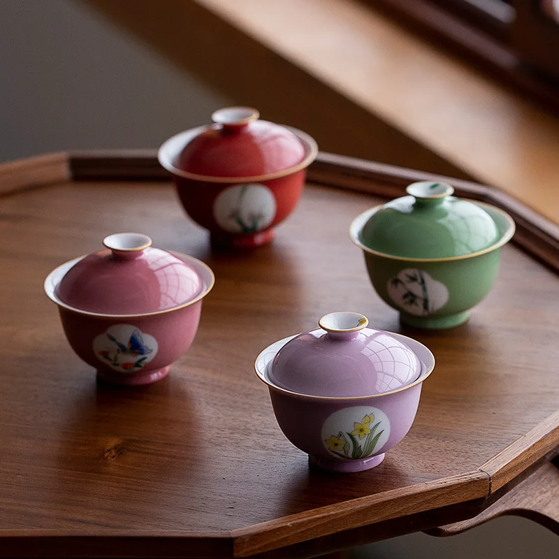 Hand-painted Window Opening Two Cover Bowl Color Glaze Tea Bowl Ceramic Kung Fu Tea Set Single Tea Bowl Tea Home Bowl