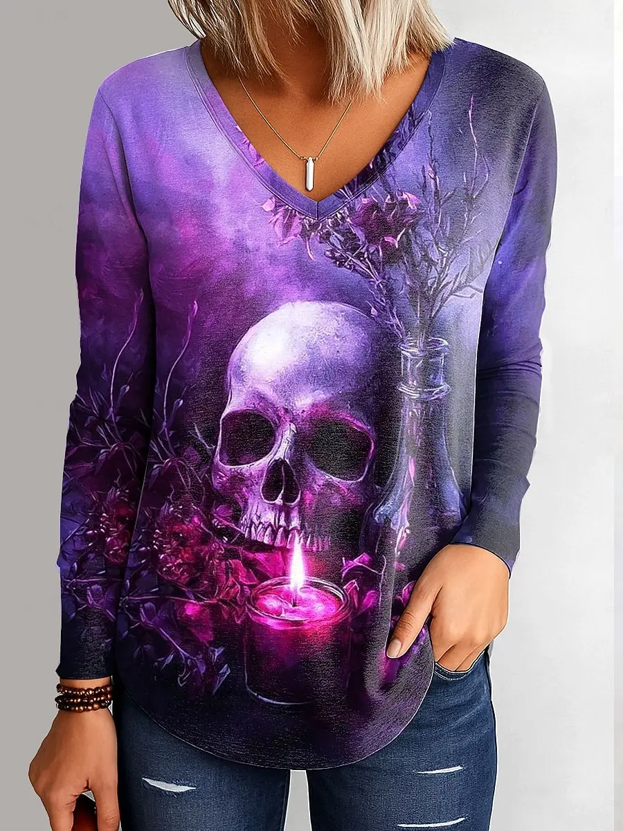 

2025 Halloween Women's T-Shirts Graphic Skull Elegant Vintage Tee Long Sleeve T-shirts V-Neck Regular Tops Casual Pullover Fall