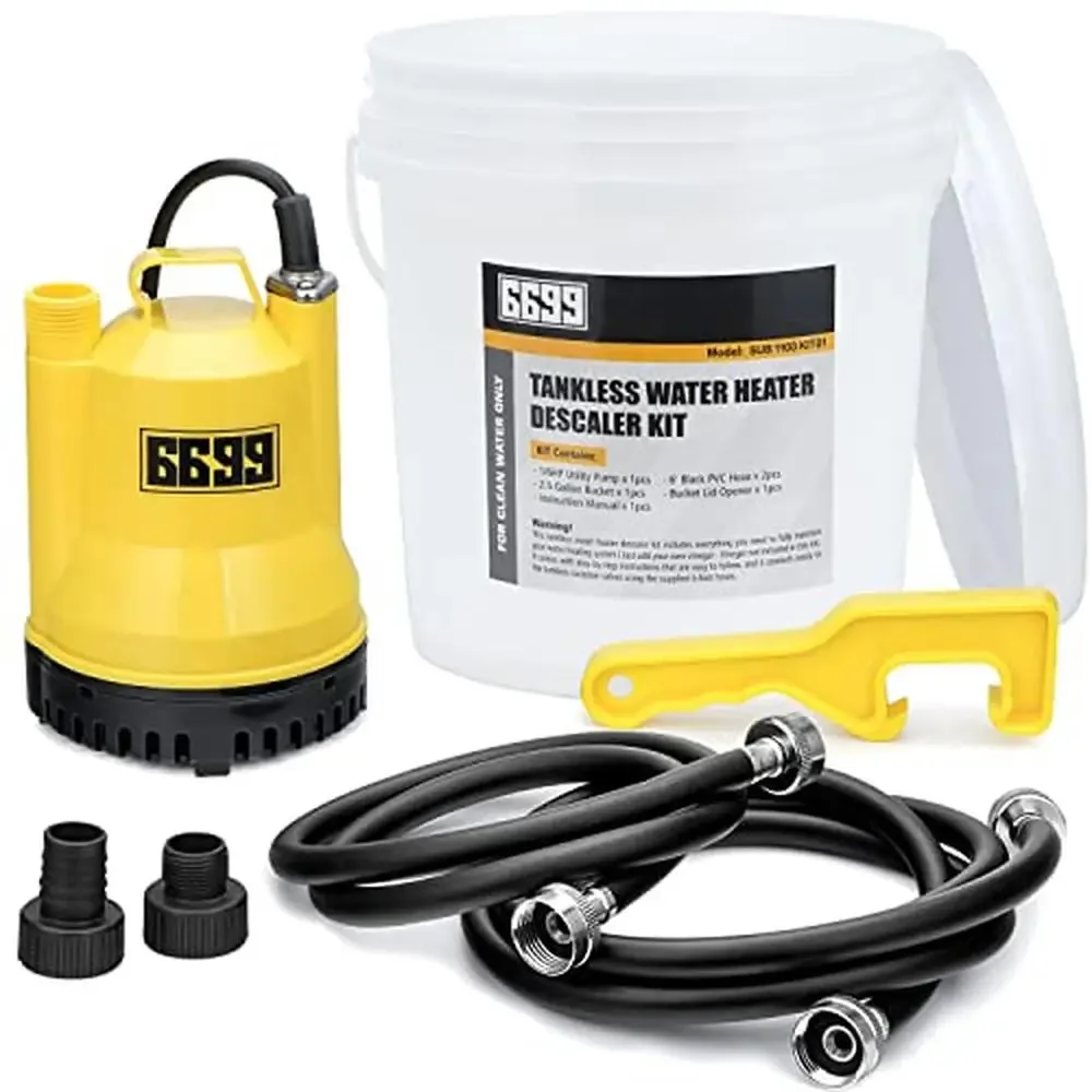 Tankless Water Heater Descale Flush Kit with Utility Pump 3 Gallon Pail Bucket Lid Opener & Adapters Hot Water Maintenance