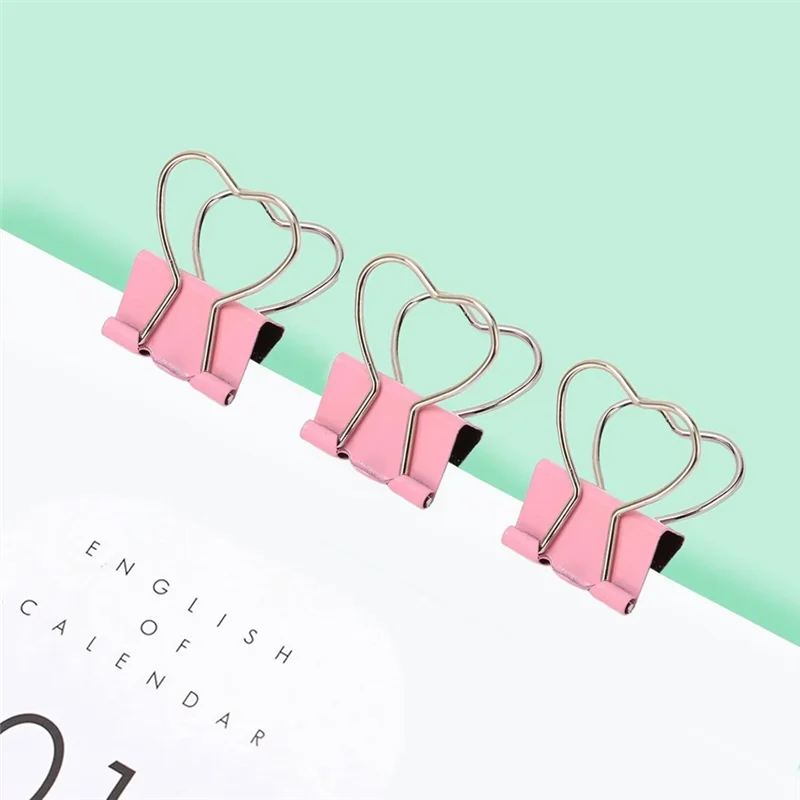 60PSC Heart Shape Metal Binder Clips With Heart Shaped Handle, Heart Hollow Out Pink
