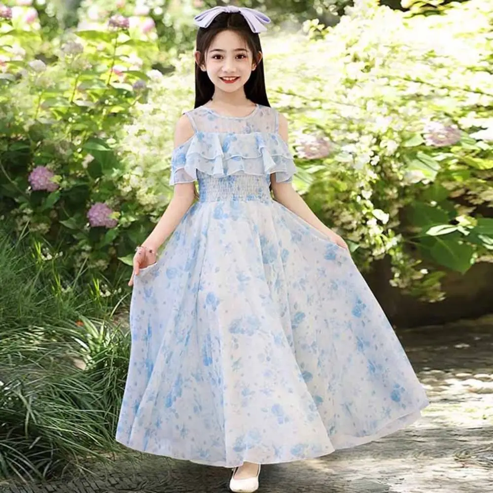 

Fashion Loose Girls Chiffon Floral Dress Pleated Party Summer Dresses Teenagers Beach Vacation Children Princess Dress Students