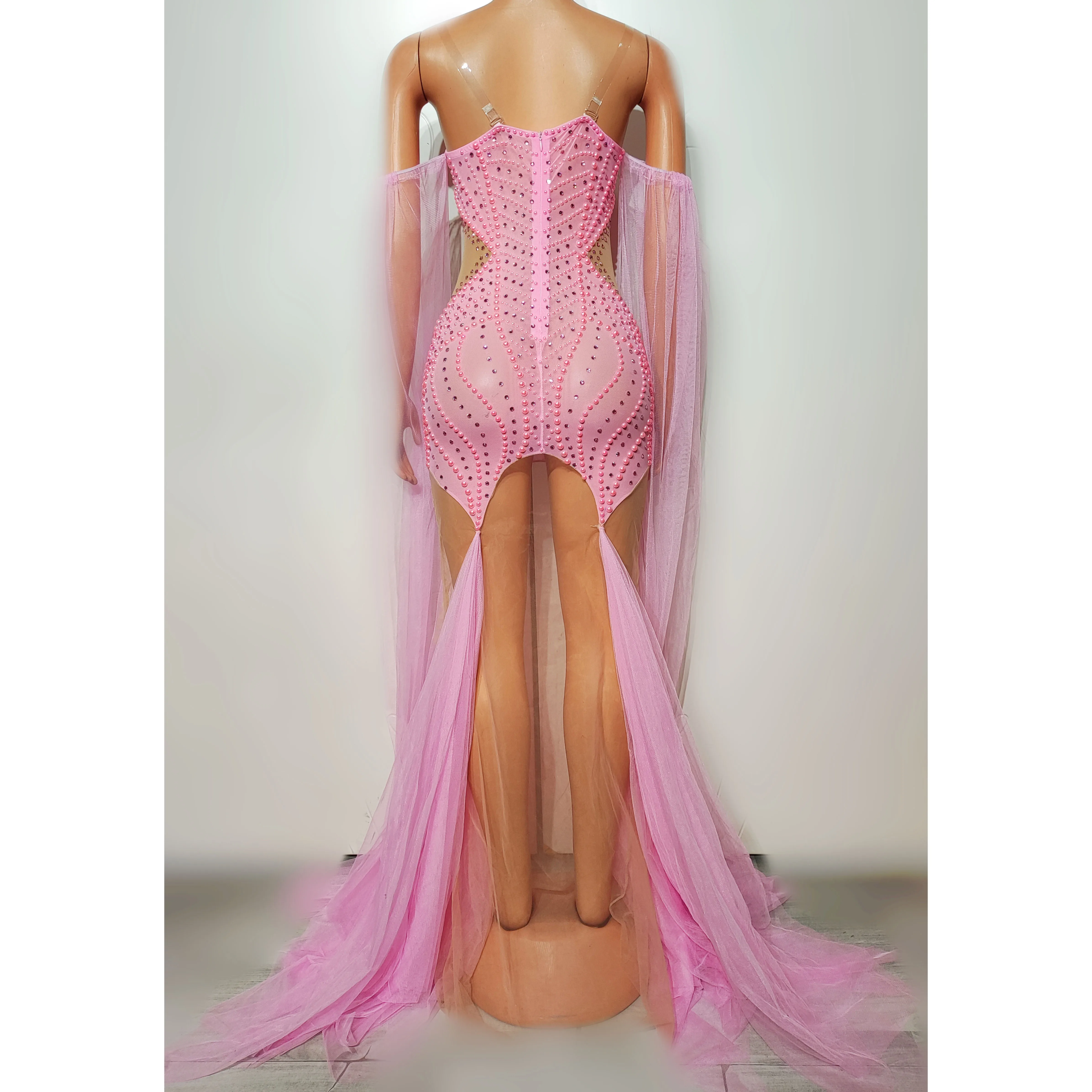 Sukienka dla tancerki gogo, elegancka, różowa, z perłami, na festiwal, imprezę, do klubu nocnego, kostium sceniczny dla piosenkarki, strój do występów, model yj314, rok 2025.