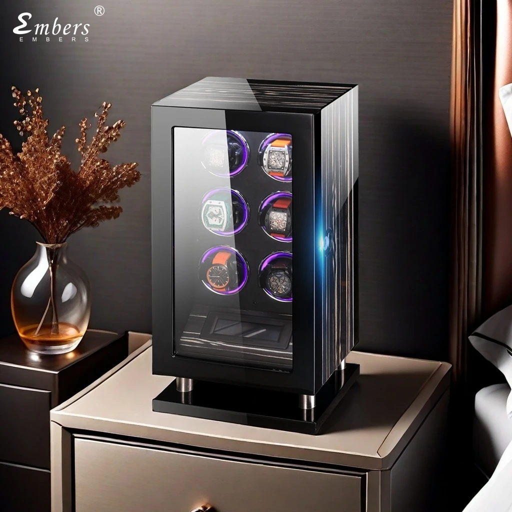 Embers Watch Winder 6 Slots Mechanical Watch Automatic Winding Storage Box With Fingerprint lock Atmosphere lights