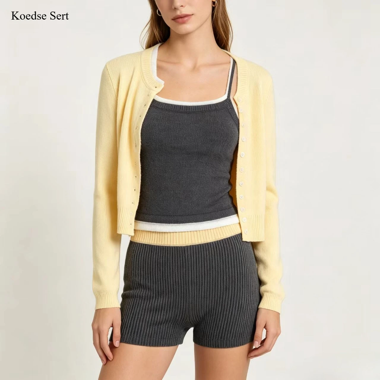 Vintage Blue Wave Covered Single-breasted Button Bat Sleeve Knitted Cardigan Elastic Waist Mini Shorts Suits 2 Pieces 1 Set